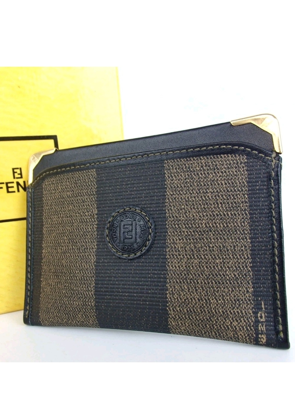 Fendi Men’s Brown & Black Card Holder with Gold-Tone Corners